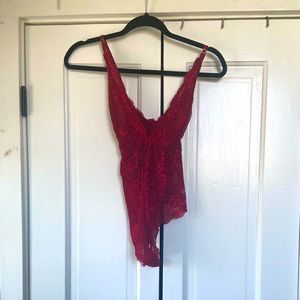 SHEIN red lace cross back bodysuit